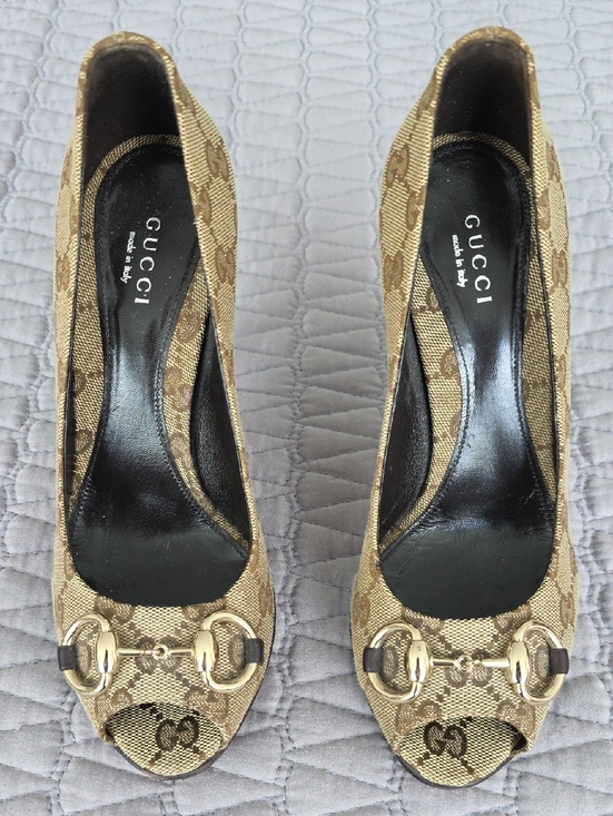 Gucci Shoes - Gucci Brown GG Canvas Peep-Toe Heels with Gold Horsebit